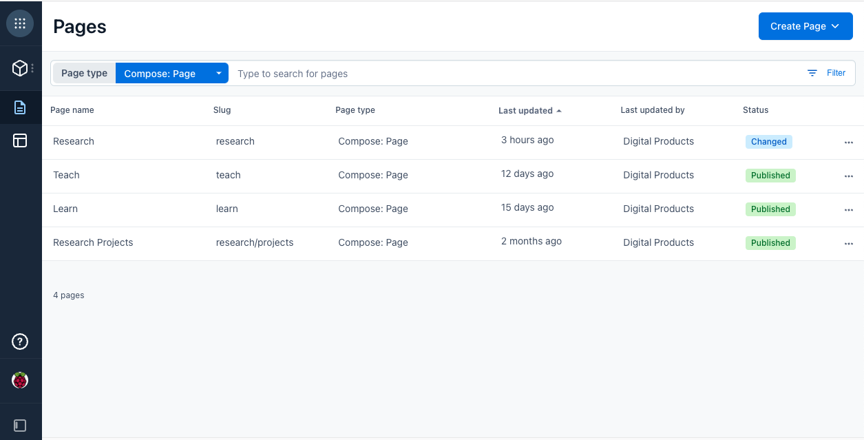 Home page of compose showing a list of pages
